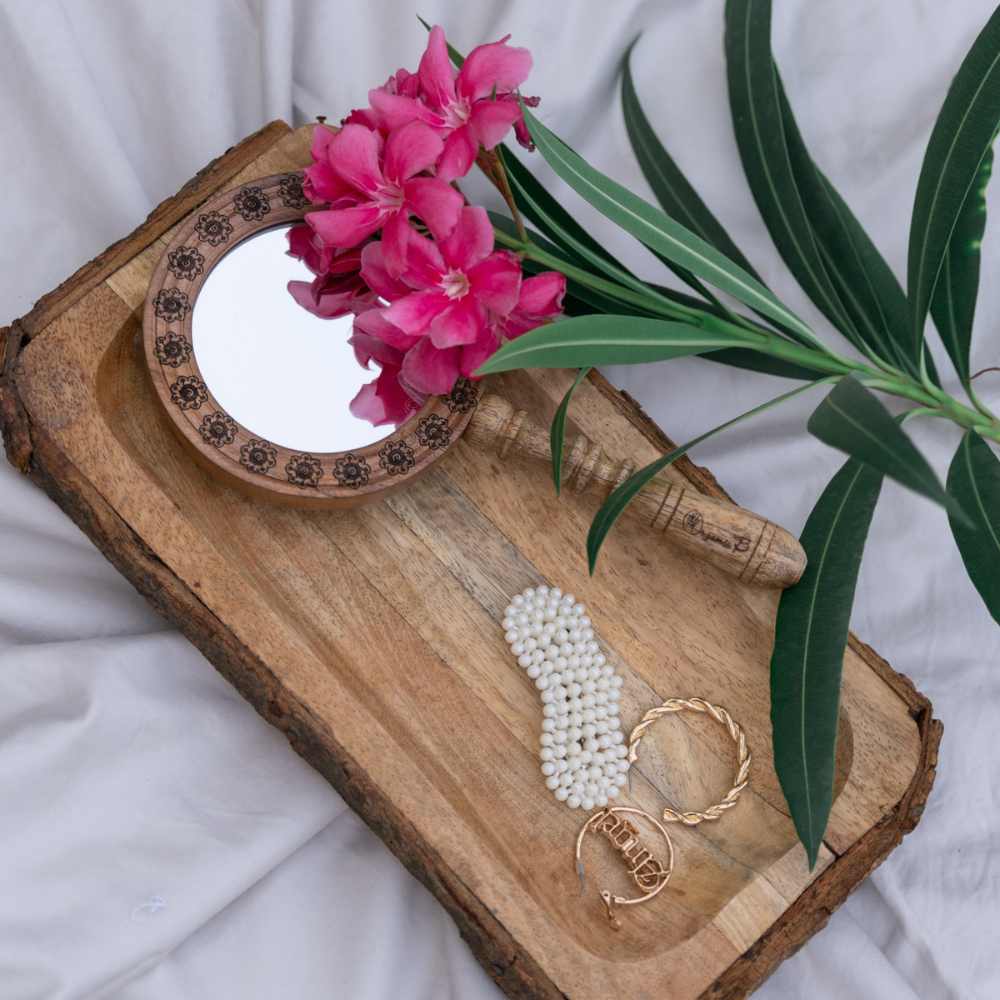 Engraved Face Mirror | Handheld | Wooden