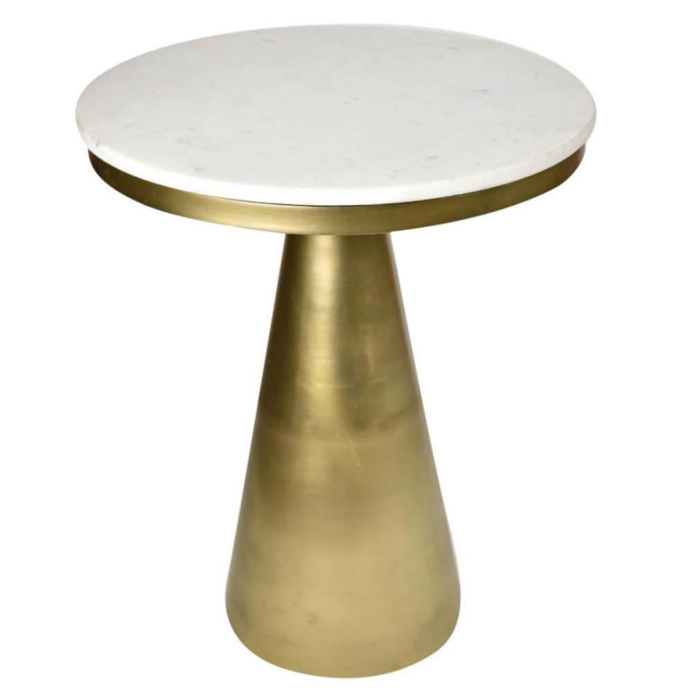 Marble Top End Table In Round | Cone Shaped Stand | Modern Accent Table | Gold Finish | 24 Inch