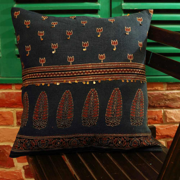 Indigo Green Lumbar Cushion Cover | Ajrakh Hand-Block Print Cotton | 18"x18"