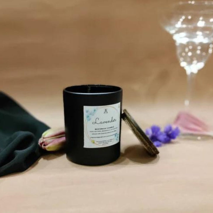 Scented Beeswax Candle In Matte Black Glass Jar | Smoke-Free | Lavender