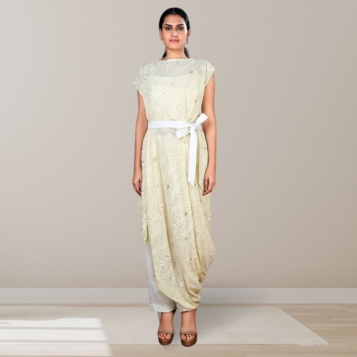 Tarifa Lucknowi Co-ord Set | Embellished | Lemon Yellow & White