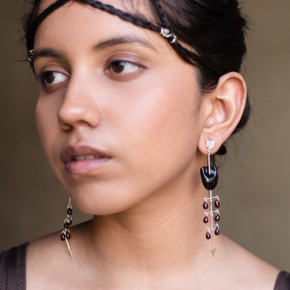 Black Ear Dangler | Hand-Carved | Black Onyx Gem with Garnet | Sterling Silver Base