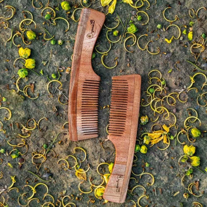 Neem Wood Wide Teeth Comb With Handle