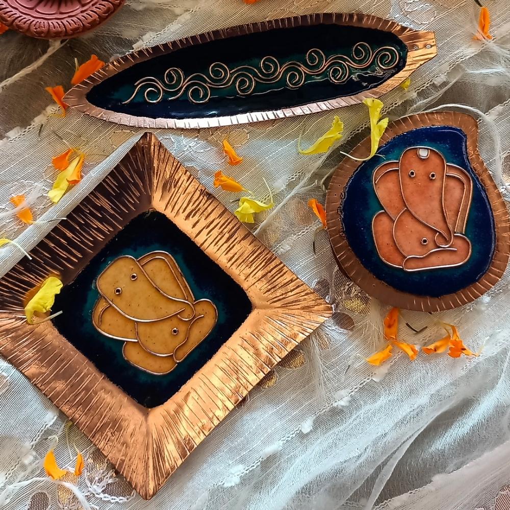 Ganesha Puja Thali Set In Blue | Copper Ware | Festive | Combo Of 3