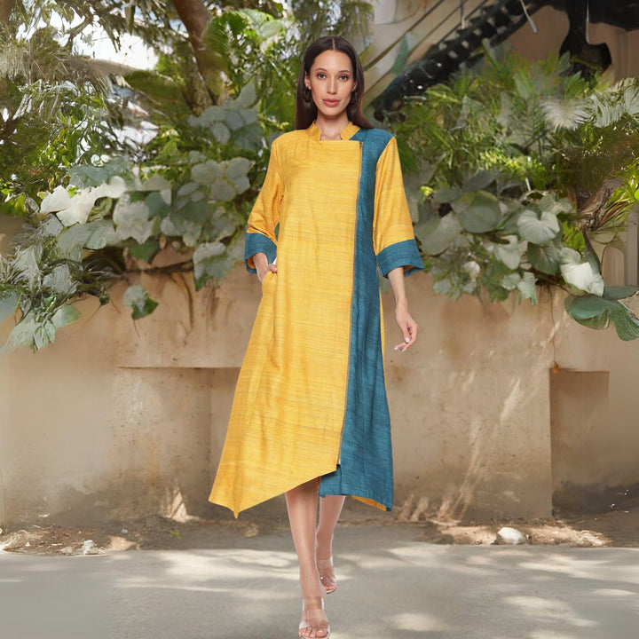 Leticia Vibrant Neck Collar Tunic  Dress| Uber Chic | Minimalistic Stylish | Yellow & Blue