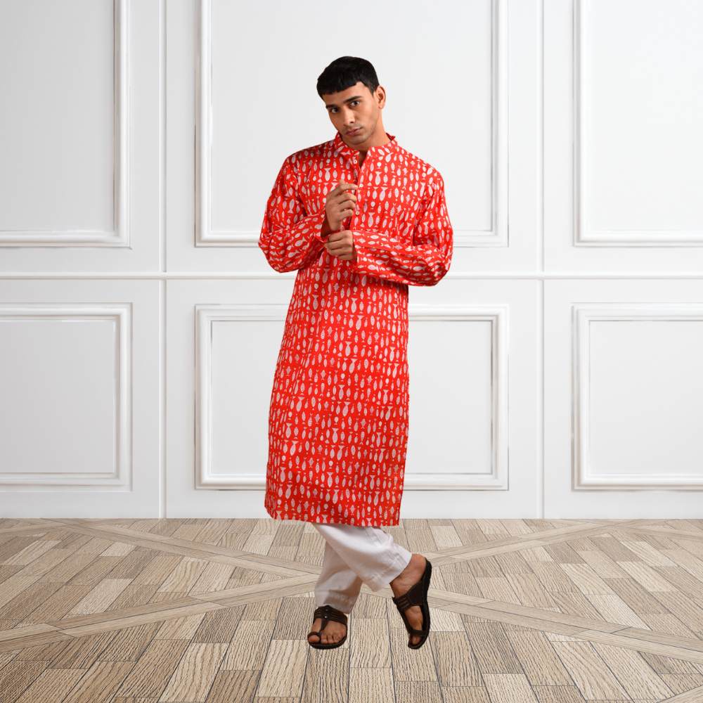 Red Cotton Long Kurta | Cotton | Red