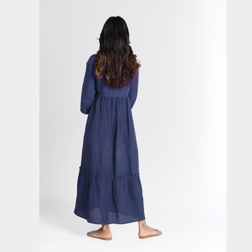 Indigo Blue Katha Embroidered V Neck Dress | European Linen | Eco-Friendly