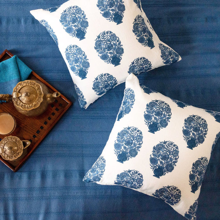 Blue & White Cotton Cushion Cover | Set Of 2 | 16 x 16 Inch 