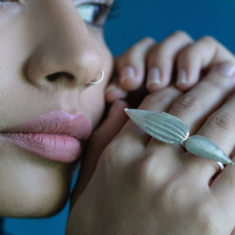 Pure Silver Finger Ring Designed with Lined And Plain Petals | For Contemporary Traditionalist