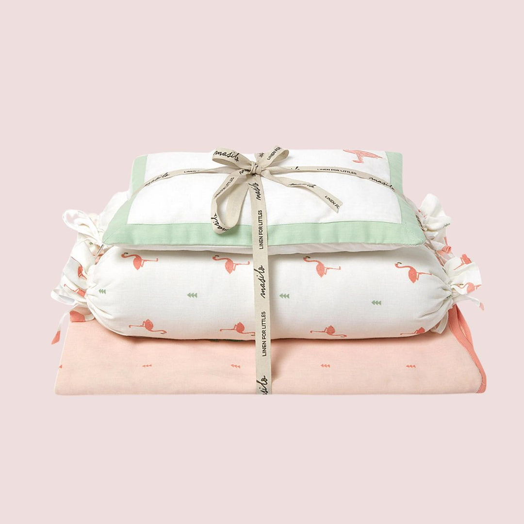 Flamingo Pink Mini Cot Bedding Set For Babies | Cotton | Set Of 4