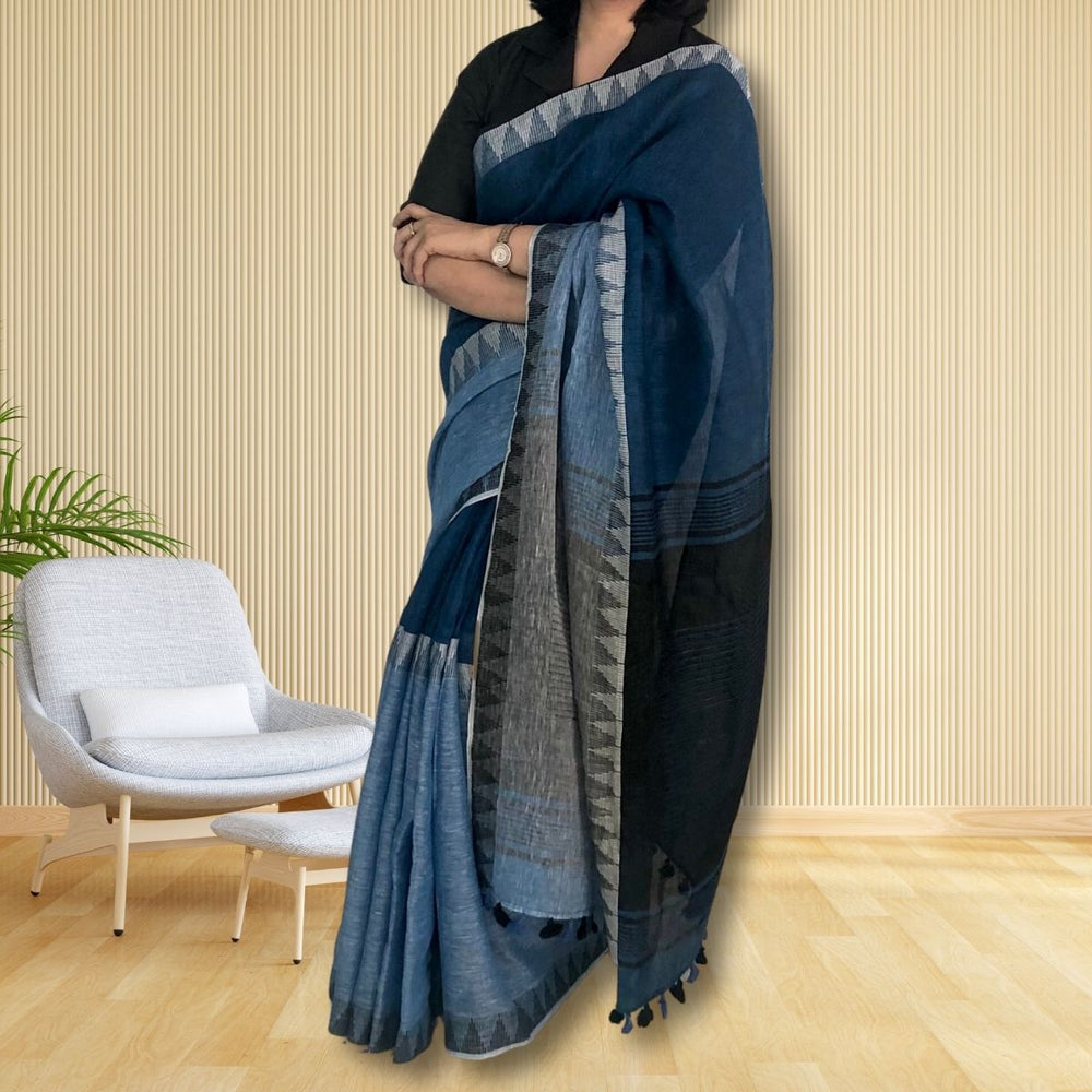 Marine Blue, Powder Blue And Black Linen Saree | Jamdani Weave of Triangles | Colour Block Designer Saree