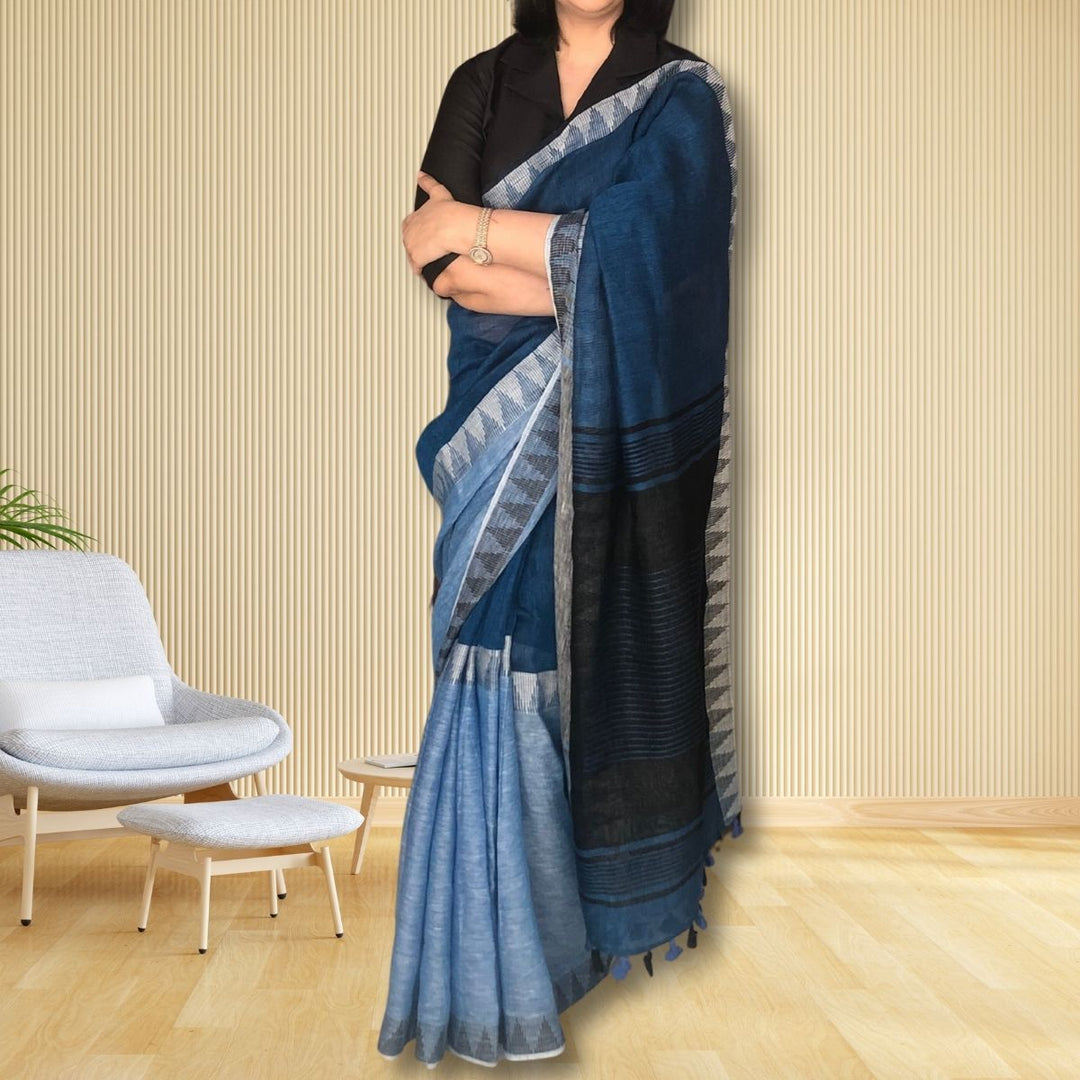 Marine Blue, Powder Blue And Black Linen Saree | Jamdani Weave of Triangles | Colour Block Designer Saree