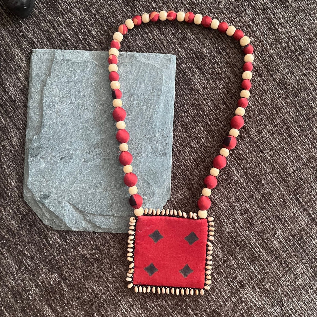 Ethnic Ajrakh Pendant Necklace For Women | Hand Crafted | Madder Red