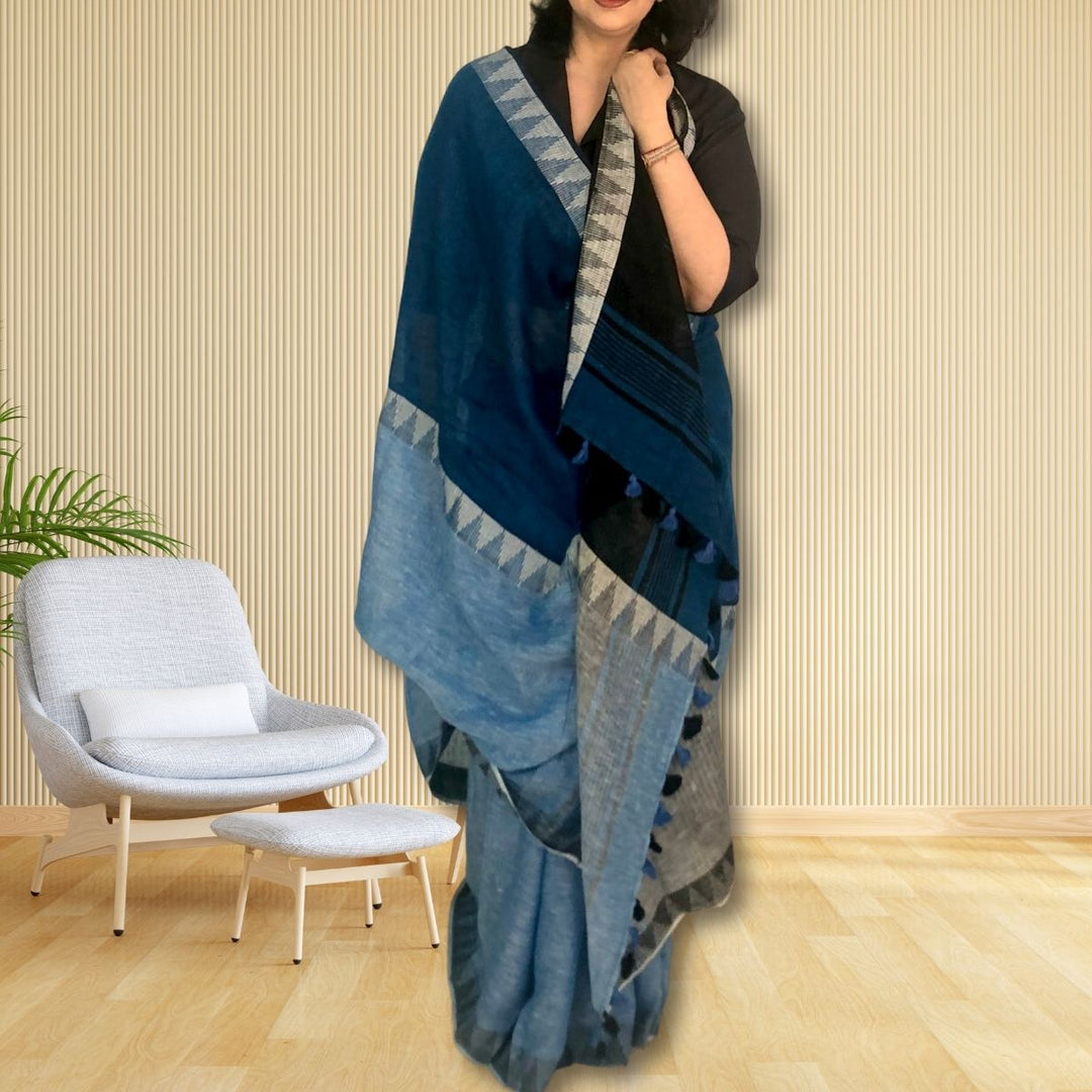 Marine Blue, Powder Blue And Black Linen Saree | Jamdani Weave of Triangles | Colour Block Designer Saree