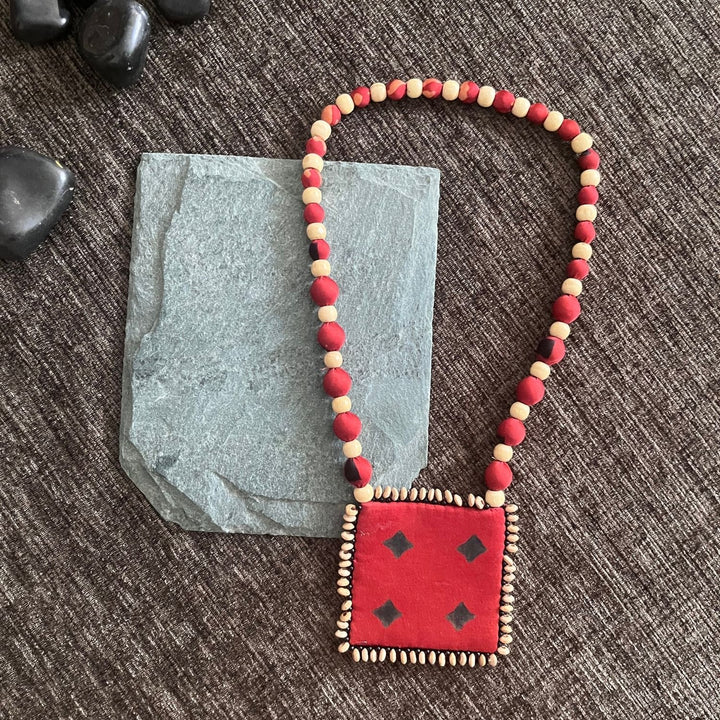 Ethnic Ajrakh Pendant Necklace For Women | Hand Crafted | Madder Red