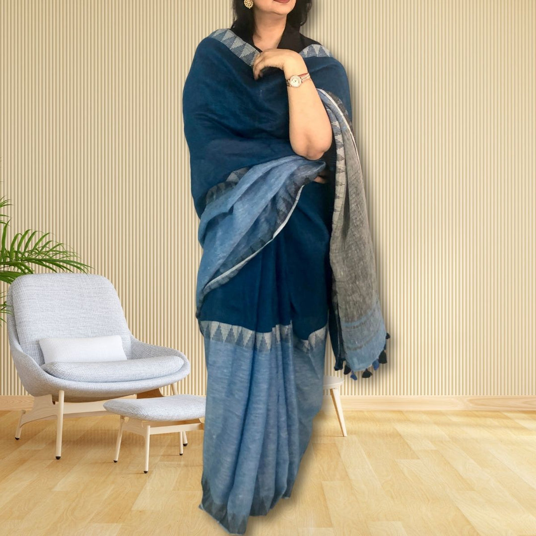 Marine Blue, Powder Blue And Black Linen Saree | Jamdani Weave of Triangles | Colour Block Designer Saree