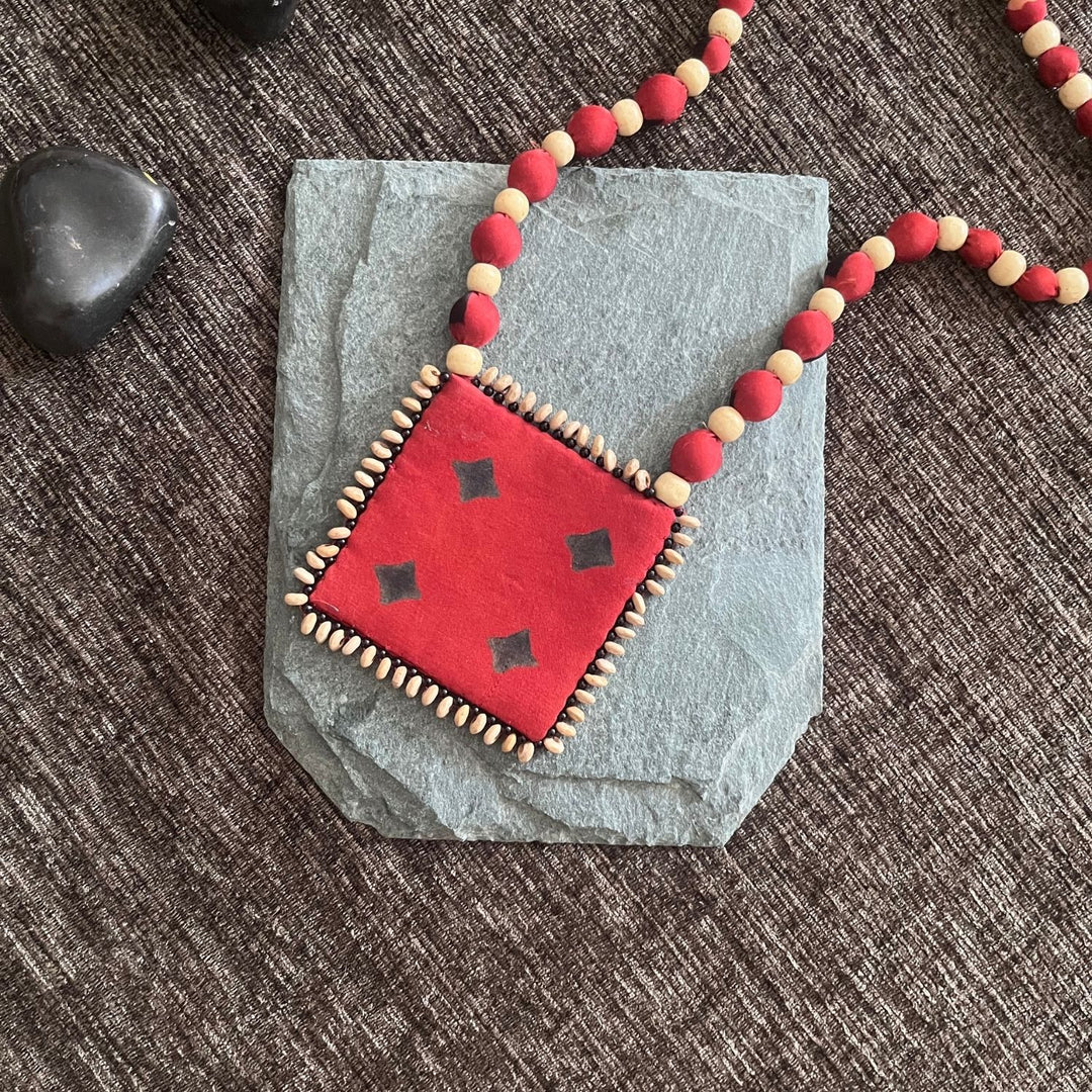 Ethnic Ajrakh Pendant Necklace For Women | Hand Crafted | Madder Red