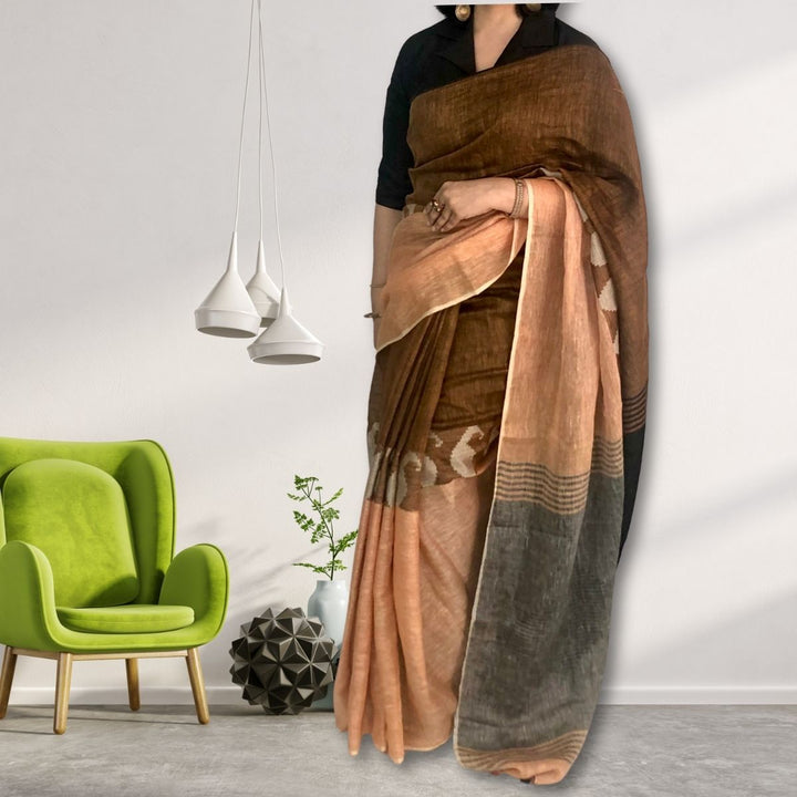 Brown, Peach & Grey Colour Block Linen Saree With Jamdani Weave of Paisley