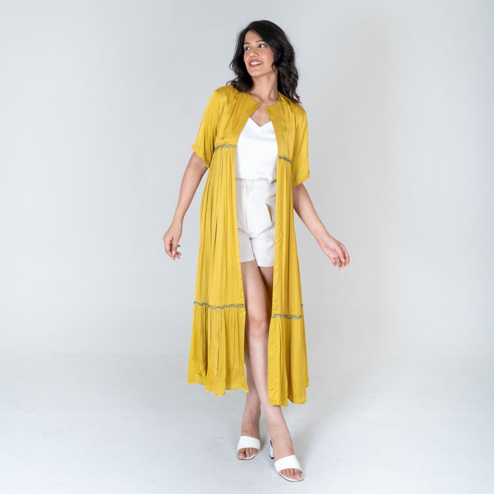 Yellow-Green Braided Gather Long Cape  | Modal | Effortless style