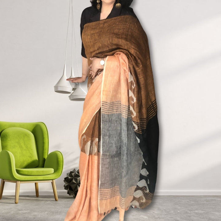 Brown, Peach & Grey Colour Block Linen Saree With Jamdani Weave of Paisley