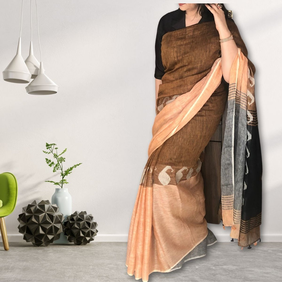 Brown, Peach & Grey Colour Block Linen Saree With Jamdani Weave of Paisley