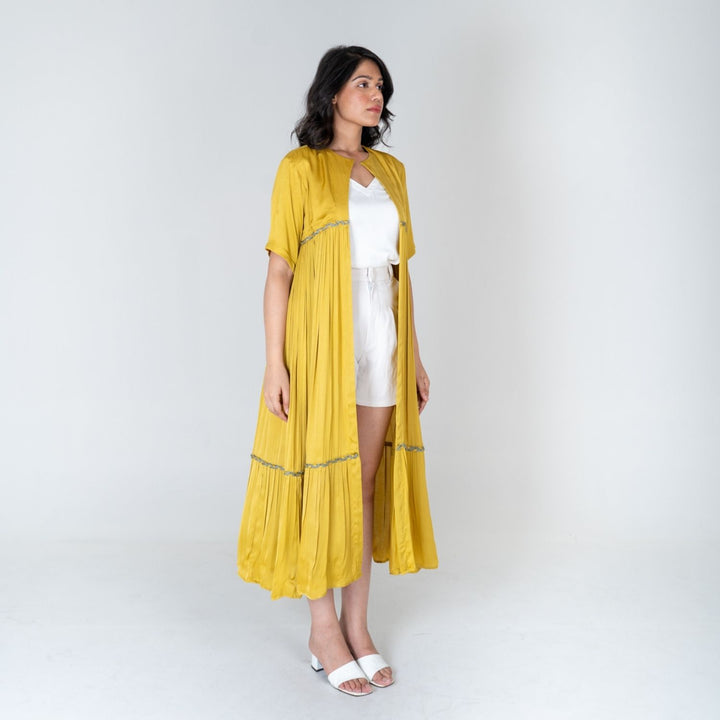 Yellow-Green Braided Gather Long Cape  | Modal | Effortless style