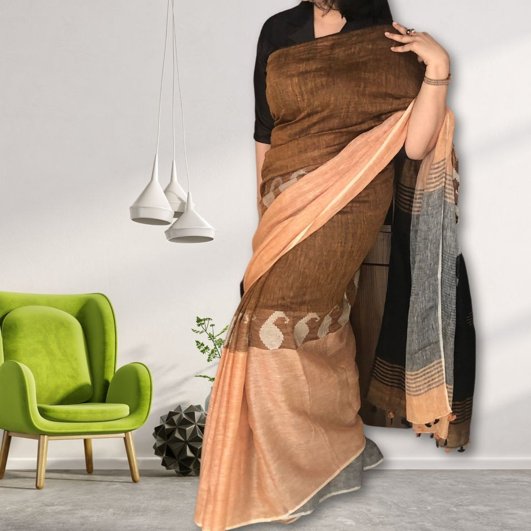 Brown, Peach & Grey Colour Block Linen Saree With Jamdani Weave of Paisley