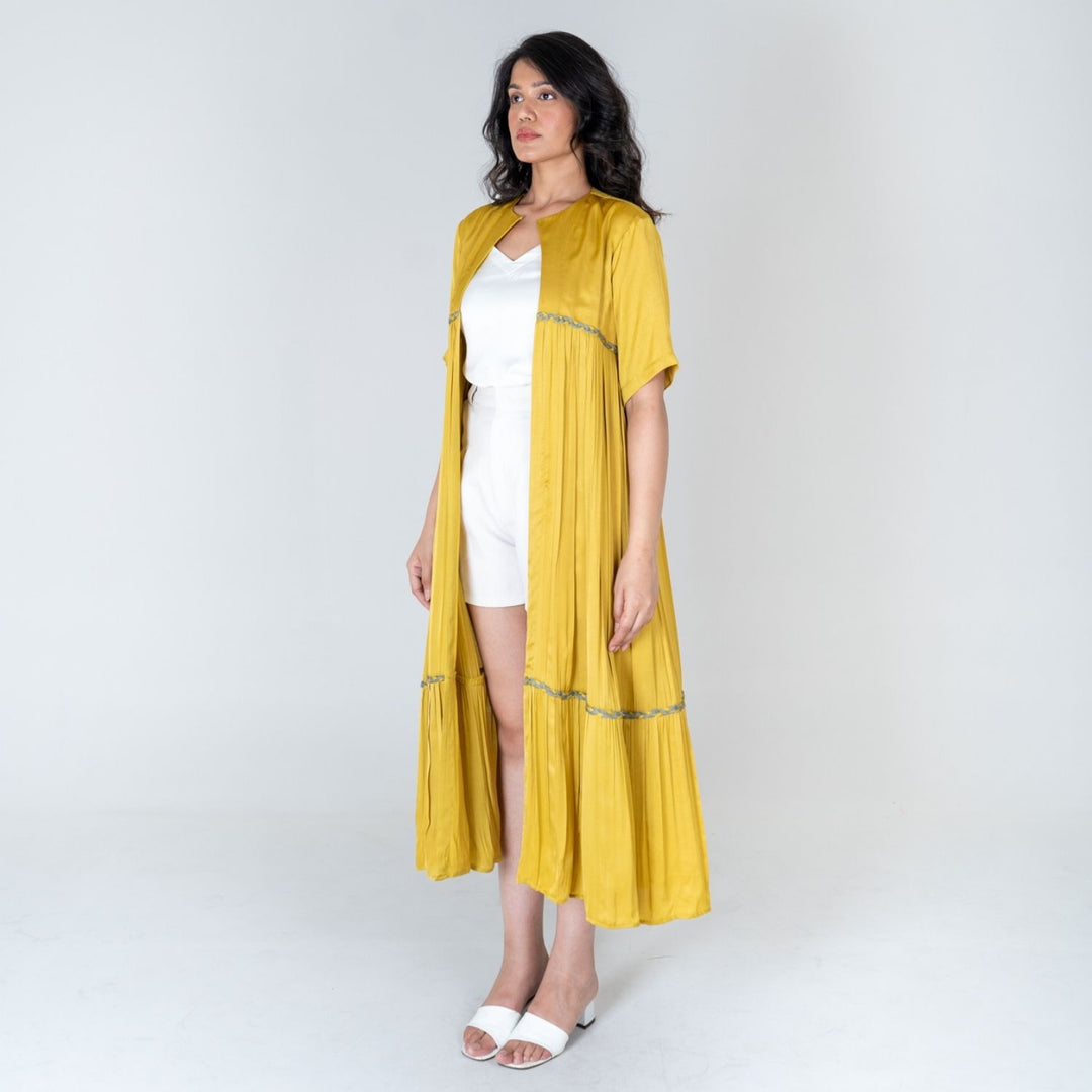 Yellow-Green Braided Gather Long Cape  | Modal | Effortless style