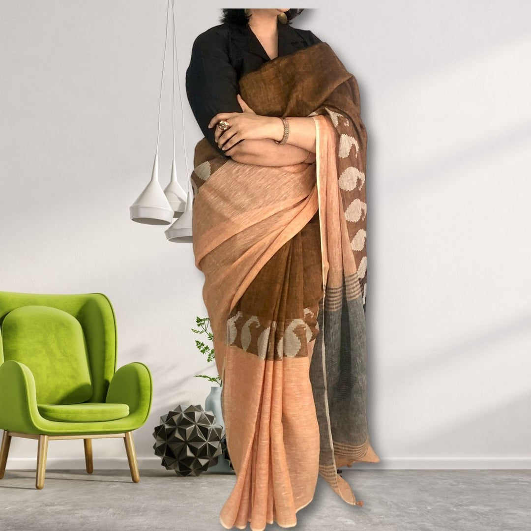 Brown, Peach & Grey Colour Block Linen Saree With Jamdani Weave of Paisley