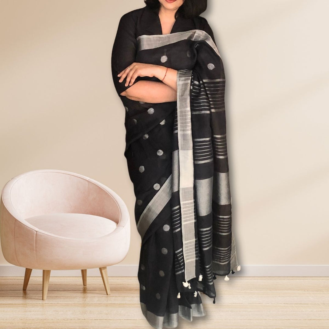 Black Linen Saree With ilver Zari Border  | Tasselled Fringes | Elegant | Graceful