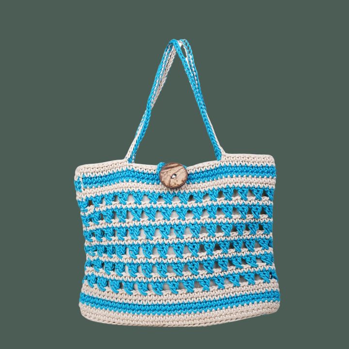 Striper Bucket Hand Bag  | Hand-Crochet | Cotton Yarn | Off White & Turquoise