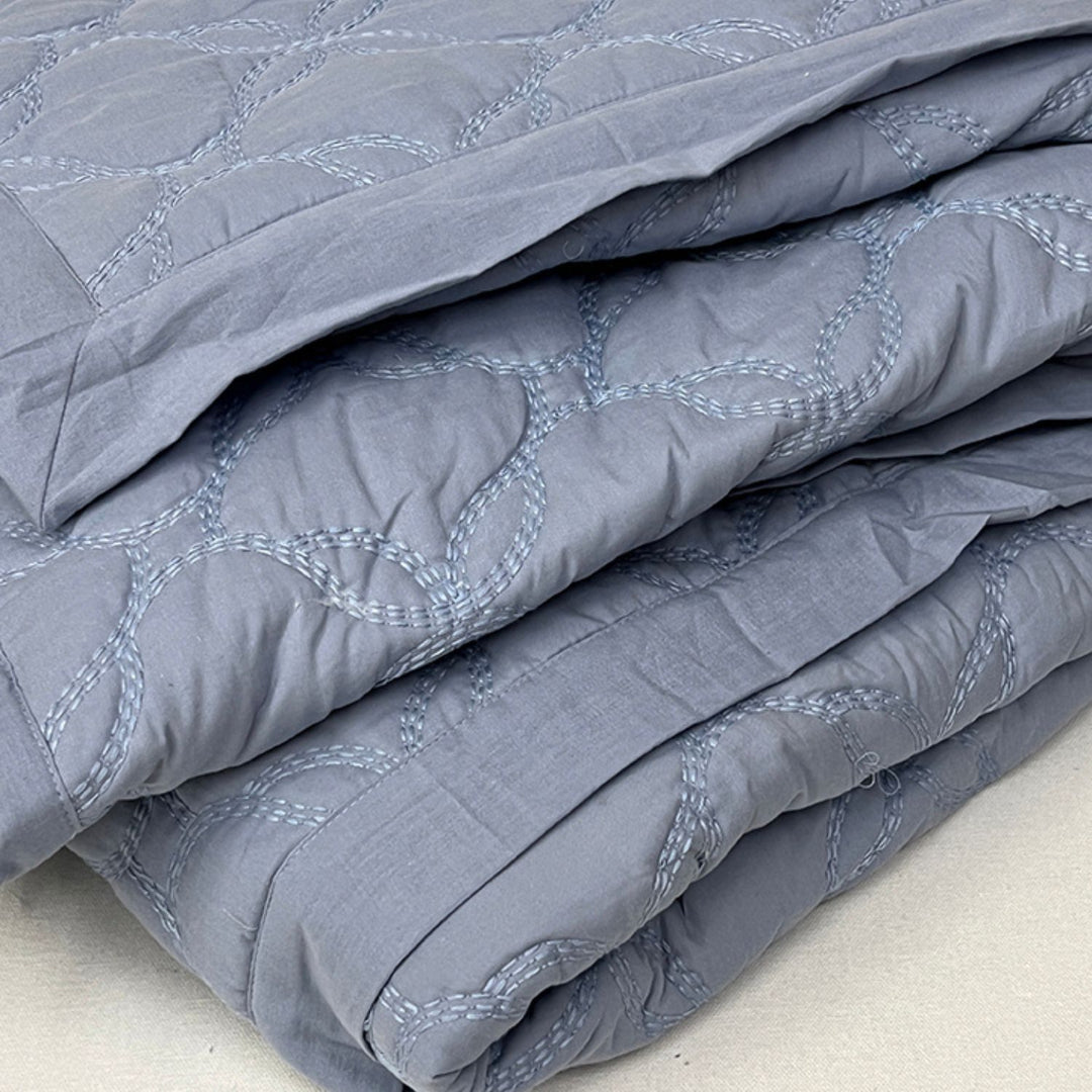 Stellate Flower Embroidered King Size Quilt | 100% Cotton | Slate Grey