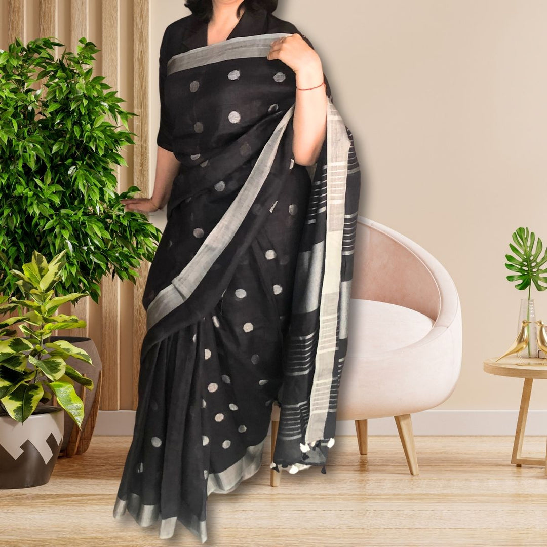 Black Linen Saree With ilver Zari Border  | Tasselled Fringes | Elegant | Graceful