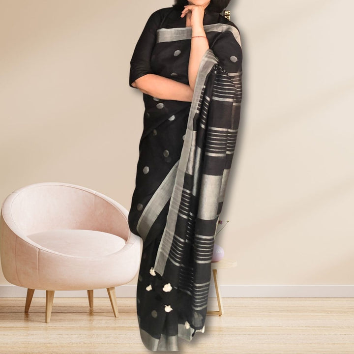 Black Linen Saree With ilver Zari Border  | Tasselled Fringes | Elegant | Graceful