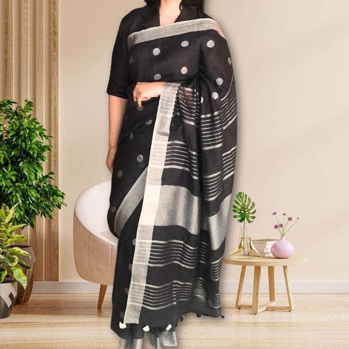 Black Linen Saree With ilver Zari Border  | Tasselled Fringes | Elegant | Graceful