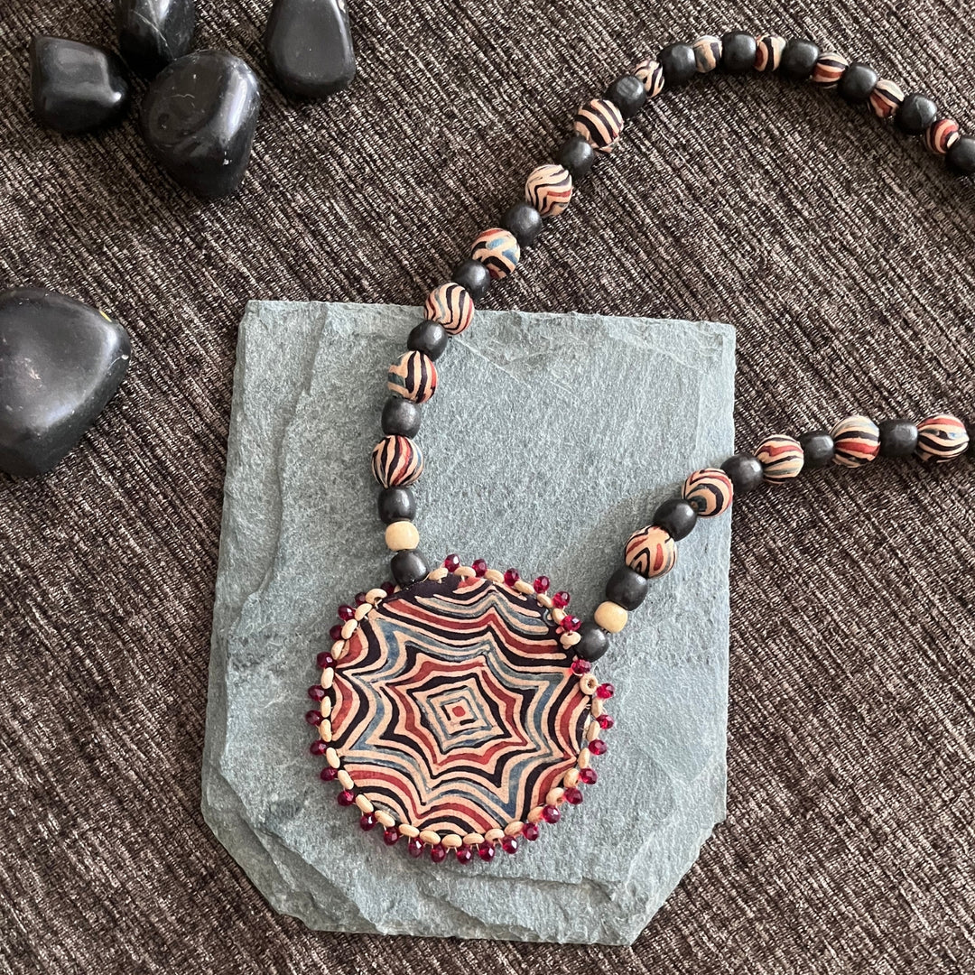 Circular Pendant Wavy Print Necklace | Artistically Hand Crafted | Beaded | Unique