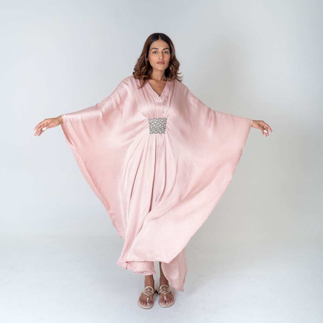 Pink-Green Braided Long Kaftan | Modal | Monochrome Elegance