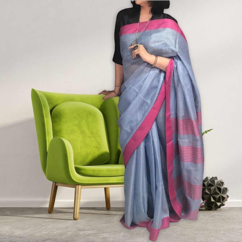 Bluish Grey Tissue Linen Festive Saree Pink Stripe Border | Subtle & Classy | Elegant Drape