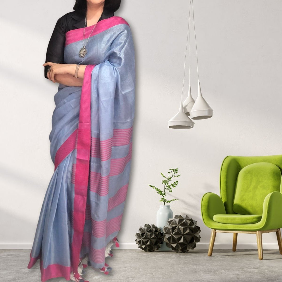 Bluish Grey Tissue Linen Festive Saree Pink Stripe Border | Subtle & Classy | Elegant Drape