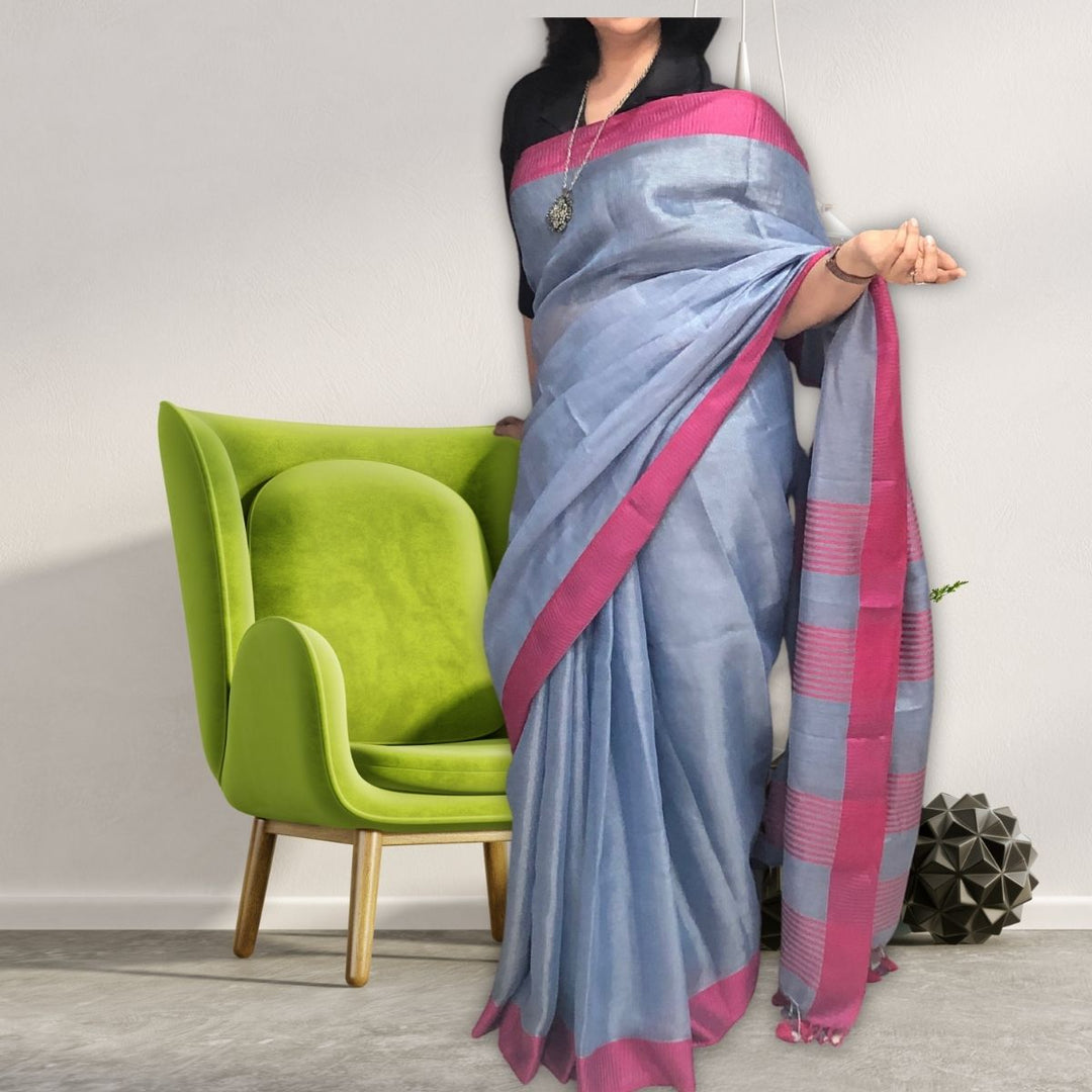 Bluish Grey Tissue Linen Festive Saree Pink Stripe Border | Subtle & Classy | Elegant Drape