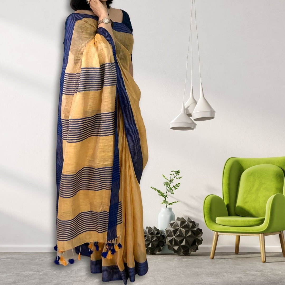 Yellow Orange Tissue Linen Saree | Elegant | Contrast Colours | Festive Wear