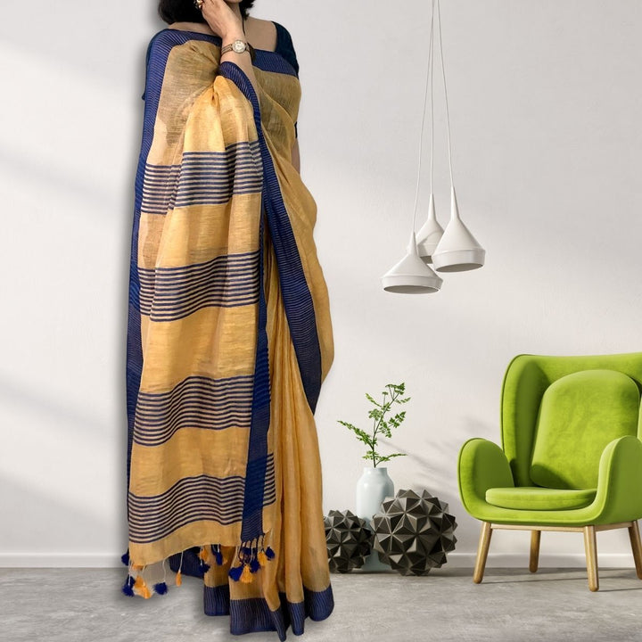 Yellow Orange Tissue Linen Saree | Elegant | Contrast Colours | Festive Wear