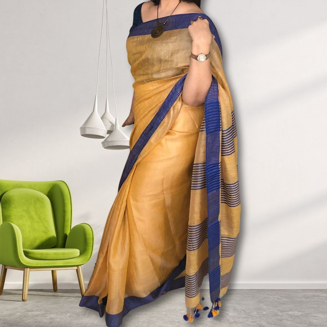 Yellow Orange Tissue Linen Saree | Elegant | Contrast Colours | Festive Wear