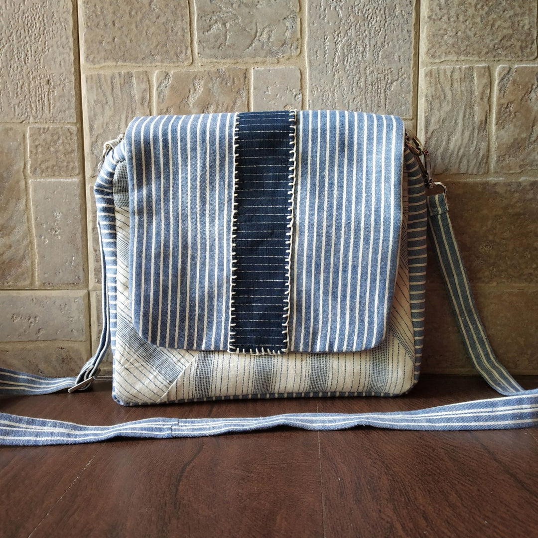 White & Ice Blue Kala Cotton Messenger Bag | Hand Crafted