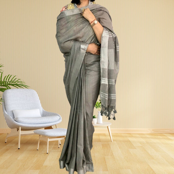 Light Grey Cotton Linen Saree | With Silver Zari Border | Tasselled Fringes