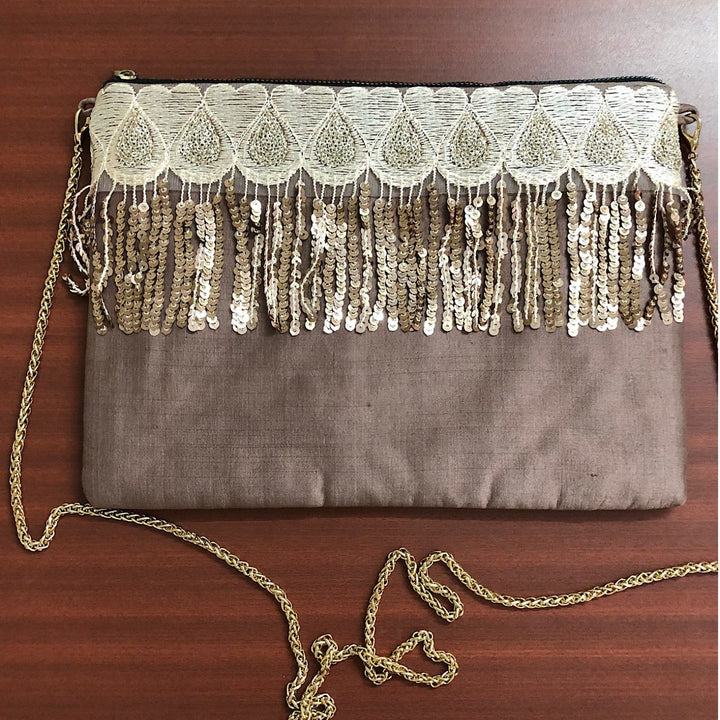 Taupe Silk Clutch / Sling Bag | Subtle Glitz with Functional Elegance