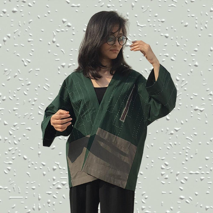 Bottle Green Kimono Jacket | Stylish | Oversized | Hand-Crafted | Kantha Embroidery