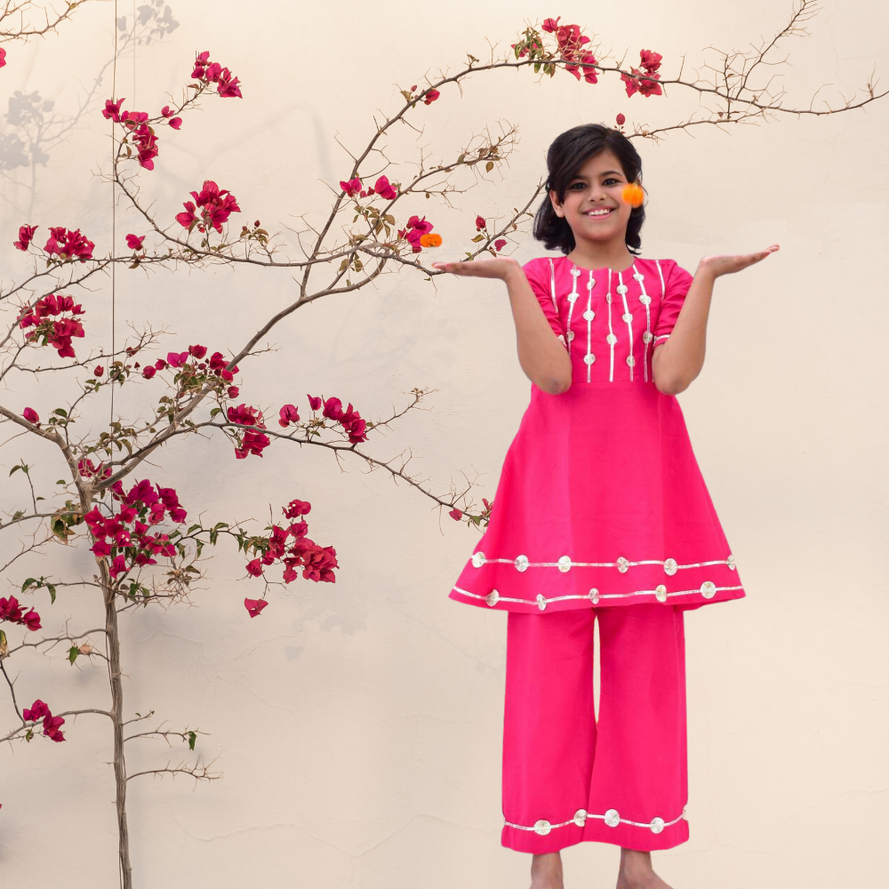 Rani Gota Set | Girls Kurta Set | Festive Wear | Gota Work | Cotton | Pink | Set Of 2