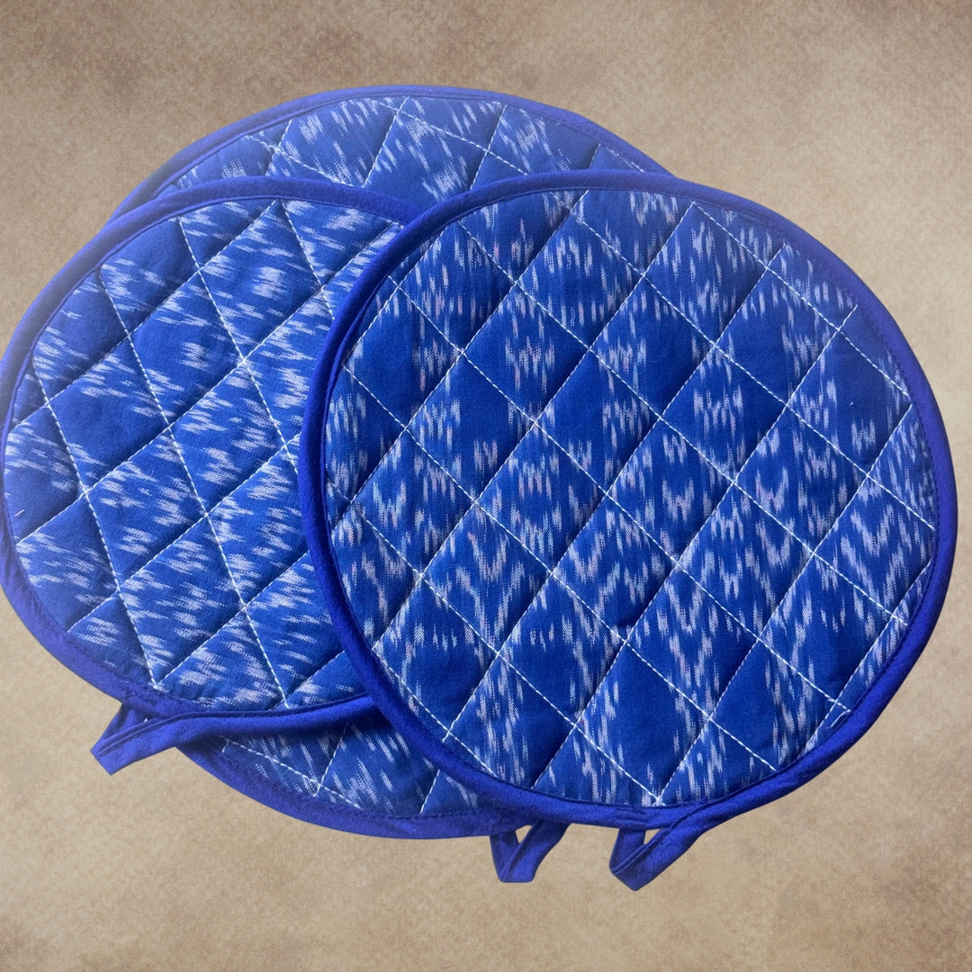 Round Pot Holder | Hand-Crafted Blue Cotton Ikat | Set of 3