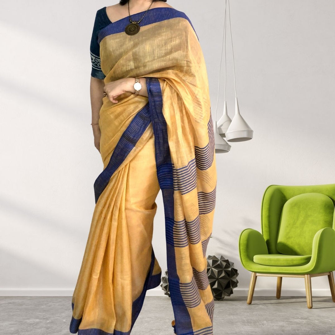 Yellow Orange Tissue Linen Saree | Elegant | Contrast Colours | Festive Wear